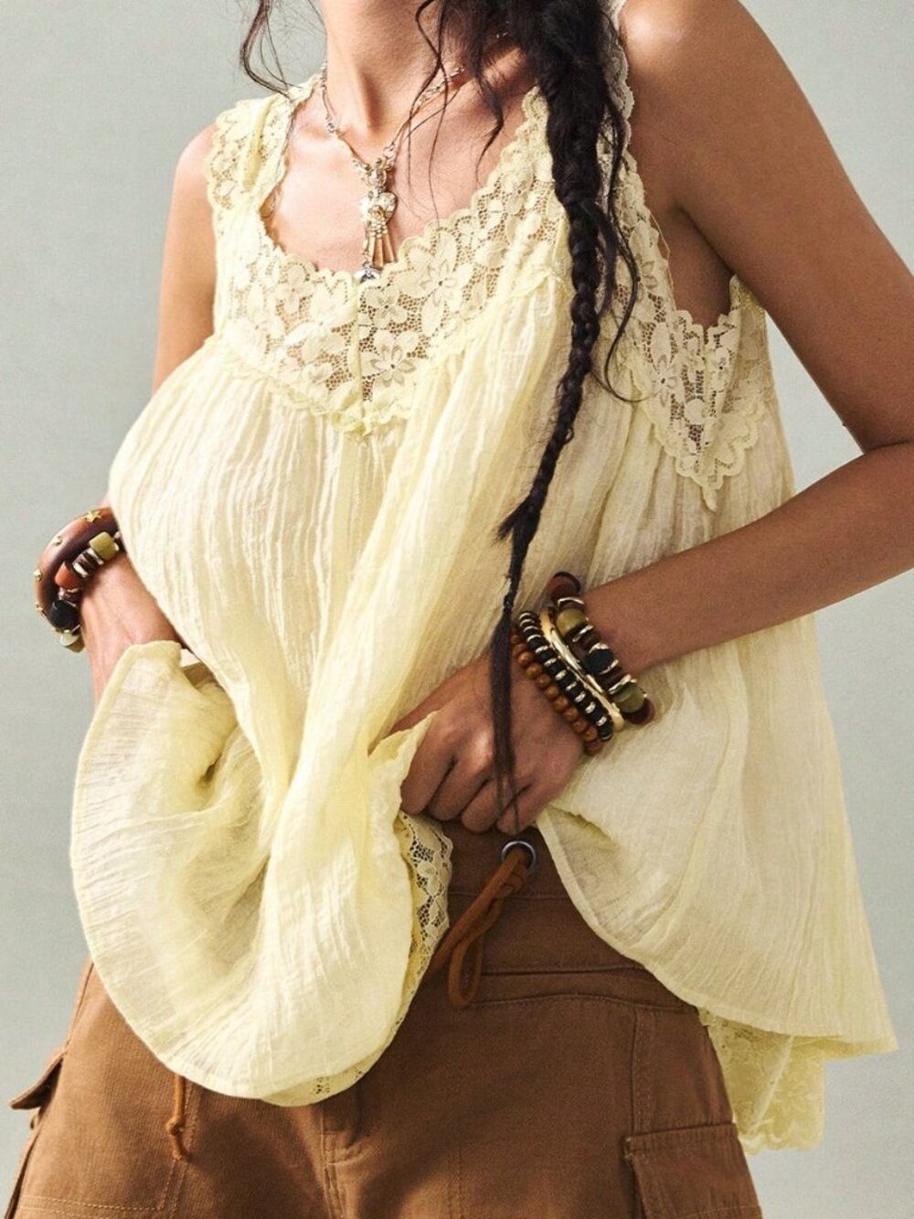 Light Yellow Boho Women's Minimalist Lace Patchwork Cami Top - Picture 5 of 8